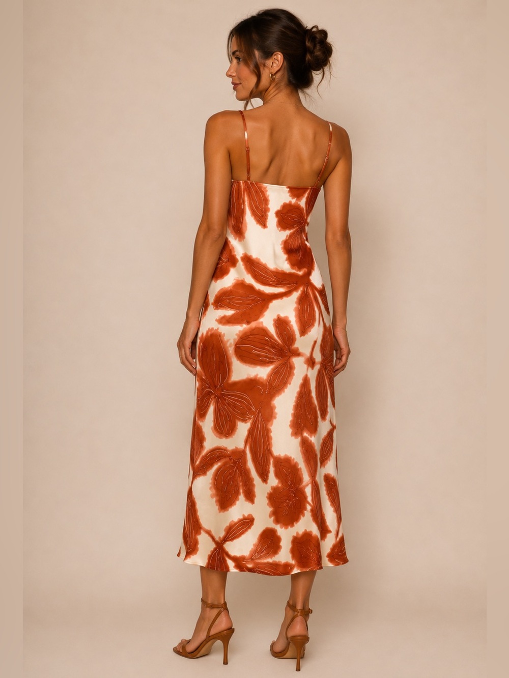 House of Harlow Rust Orange Abstract Floral Midi Slip Dress Ruched 70s Resort M - Picture 2 of 13